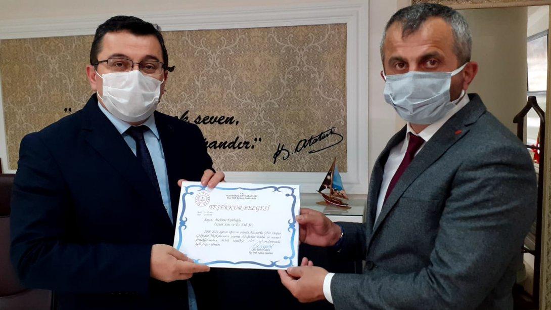 Mehmet Eyüboğlu İnşaat Sanayi ve Ticaret Limited Şirketine Teşekkür Belgesi Takdim Edildi